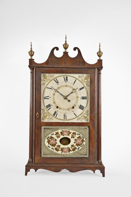 E. Terry & Sons, Plymouth, Conn., 30 hour, time and strike weight wood movement pillar & scroll shelf clock.