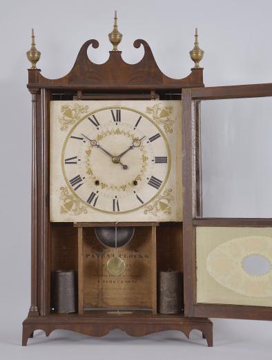 E. Terry & Sons, Plymouth, Conn., 30 hour, time and strike weight wood movement pillar & scroll shelf clock.