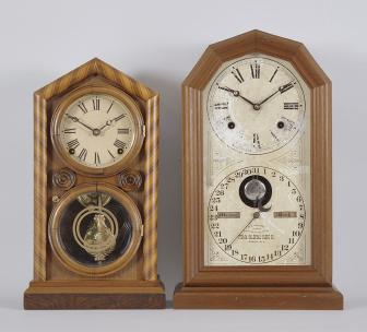 Clocks- 2 (Two): (1) E. Ingraham & Co., Bristol, Conn., "Mosaic front Doric", 8 day, time and strike spring driven brass movement candy stripe veneer shelf clock, c1870 (2) Ithaca Calendar Clock Co., Ithaca, NY, NY, "No. 11 Octagon "Poni"", 8 day, time and strike spring driven brass movement double dial calendar shelf clock, c1885