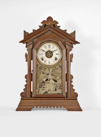 Terry Clock Co., Pittsfield, Mass., unidentified model shelf clock with a spring driven time, strike and alarm movement in a walnut case.