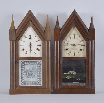 Clocks- 2 (Two): (1) A. S. Platt & Co., Bristol, Conn., 30 hour, time and strike spring driven brass fusee movement sharp gothic or steeple clock, c1850 (2) Smith & Goodrich, Bristol, Conn., 30 hour, time and strike spring driven brass fusee movement sharp gothic or steeple clock, c1850