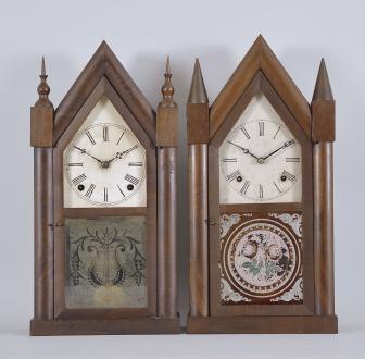 Clocks- 2 (Two): (1) E.N. Welch Mfg. Co., Forestville, Conn., 8 day, time and strike spring driven brass movement sharp gothic or steeple clock, c1870 (2) Smith & Goodrich, Bristol, Conn., 30 hour, time and strike spring driven brass fusee movement sharp gothic or steeple clock, c1850