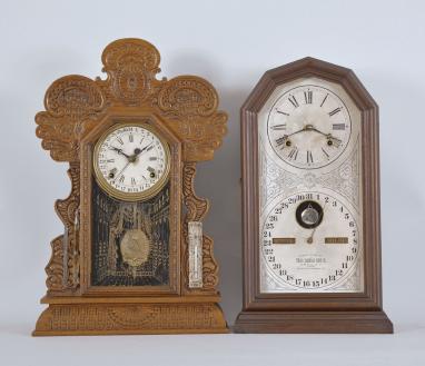 Clocks- 2 (Two): (1) E. Ingraham & Co., Bristol, Conn., "Gila", 8 day, time and strike spring driven brass movement calendar shelf clock, c1907. (2) Ithaca Calendar Clock Co., Ithaca, NY, NY, "No. 11 Octagon", 8 day, time and strike spring driven brass movement double dial calendar shelf clock, c1880.