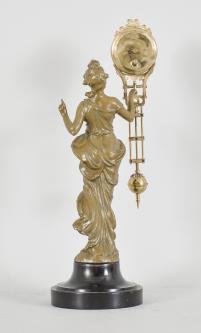 Gebrüder Junghans, Schramberg, Germany, "Elegant" swinging mystery clock, 8 day, time only, spring driven movement contained in a compound pendulum held aloft by a female figure in flowing dress, arabic numeral white enamel dial, and blued steel hands.
