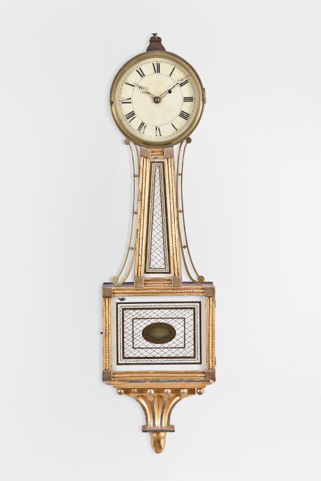 Unsigned Boston, Massachusetts, 8 day, weight driven brass movement patent or banjo timepiece
