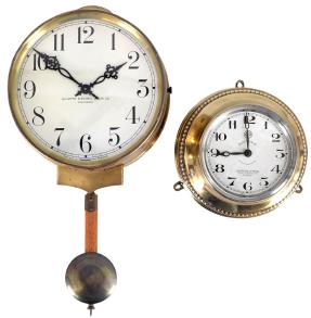 Clocks- 2 (Two) Electromechanical: (1) Leon Hatot, Paris, "ATO Electrique" wall clock, electromechanical battery-powered movement in a brass case with 4.5 inch arabic numeral signed silvered dial that also reads "Comptoir Général 