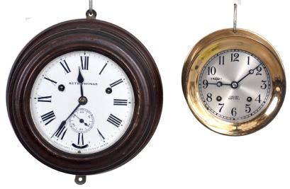 Clocks- 2 (Two) marine: (1) Chelsea Clock Co., Boston, Mass., ships clock, 8 day, time and ship