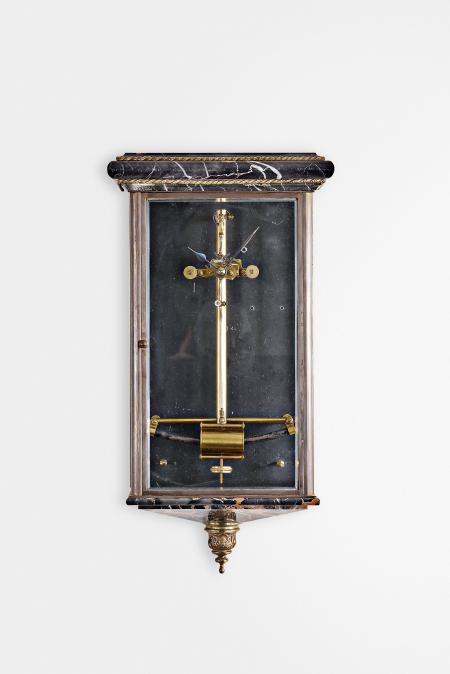 Parts Clocks- 2 (Two), Bulle Clock Co., France, a hanging electromagnetic wall clock with glazed front and sides, molded marble top and bottom, and small brass movement with two wheel train impulsed by an electromagnetic pendulum, together with a Self Winding Clock Co. striking rotary motor movement