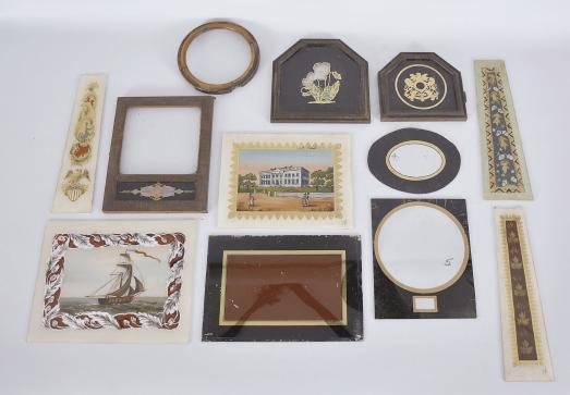 Parts- Reverse painted glasses for clocks including three lower tablets for banjo clocks, four throat glasses for banjo clocks (non-matching), three doors with glass for shelf clocks, and a wood bezel with clear round glass.