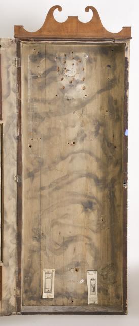 Joseph Ives, Bristol, Conn., empty case for an 8 day, time and strike weight iron plate movement mirror or looking glass clock.