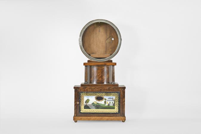 Joseph Ives, Brooklyn, New York, empty case to an early "Brooklyn" model clock utilizing a wagon spring.