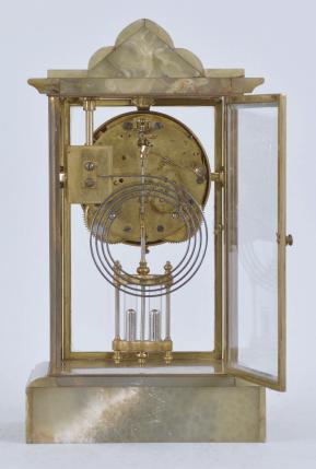 New Haven Clock Co., New Haven, Conn., "Thopas" crystal regulator, 8 day, time and strike, spring driven movement in glazed case with green onyx base, cornice, and pediment, arabic numeral white enamel dial with polychrome garlands, black steel hands.