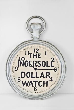 Robert H. Ingersoll & Bros., New York, NY, a painted, embossed sheet metal, pocket watch form trade sign, the two sided, faux timepiece modeled on traditional watchmakers trade signs, arabic numeral, white painted dials embossed "The Ingersoll Dollar Watch", silver painted case with crown, and bow for hanging