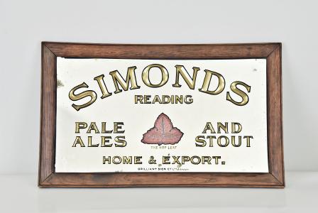 Brilliant Sign Co. Ltd., London, England, advertising mirror in an oak frame, incised gilt lettering reading "Simonds / Reading / Pale Ales and Stout / Home & Export", and central hop leaf trademark in red enamel
