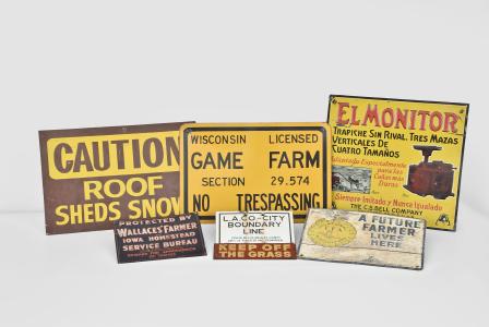 Metal Signs- 7 (Seven): (1) Embossed painted metal sign for "El Monitor" cane processing machine, 14.5" x 15.5"; (2) Painted metal sign for "Wisconsin Licensed Game Farm", 12" x 18"; (3) Painted metal sign reading " cAUTION / ROOF SHEDS SNOW", 12" x 18"; (4) Painted metal sign for Future Farmers of America reading "A Future Farmer Lives Here", 9.5"13.5"; (5) Painted embossed metal sign for "Wallaces