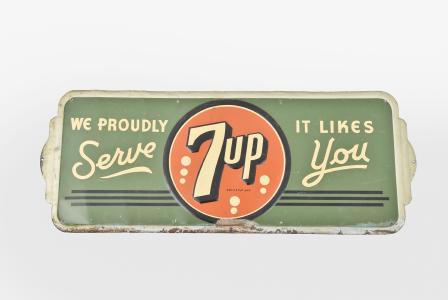 Signs- 8 (Eight) advertising: (1) Large painted metal sign for 7up, 41" x 40"; (2) Embossed painted metal sign for "K