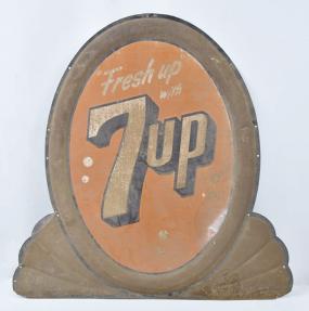 Signs- 8 (Eight) advertising: (1) Large painted metal sign for 7up, 41" x 40"; (2) Embossed painted metal sign for "K