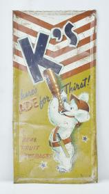 Signs- 8 (Eight) advertising: (1) Large painted metal sign for 7up, 41" x 40"; (2) Embossed painted metal sign for "K