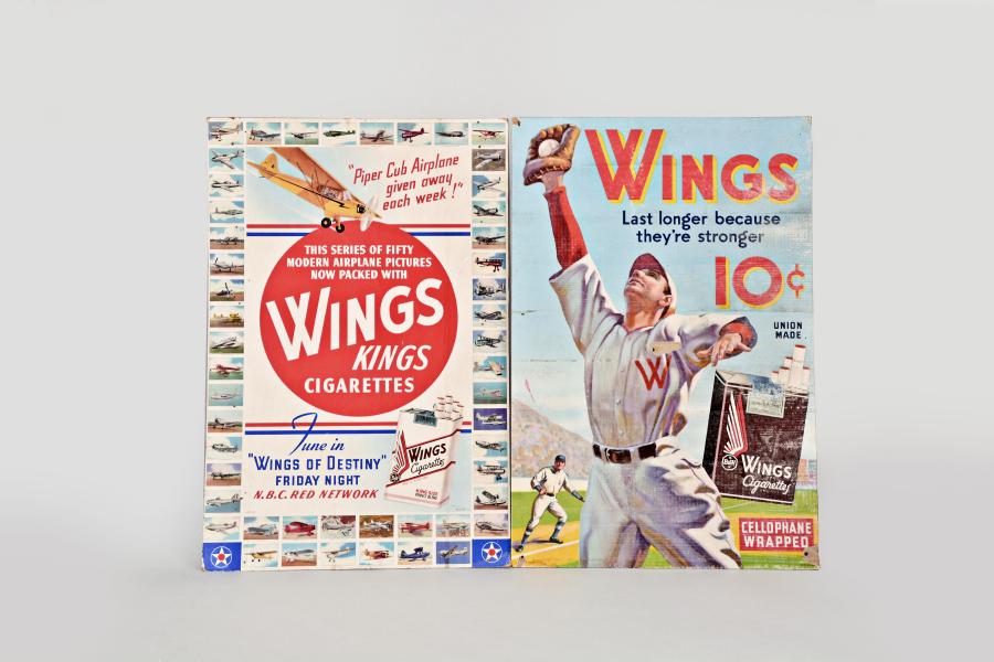 Posters- 4 (Four): Wings Cigarettes advertising posters, one framed. Two feature the company
