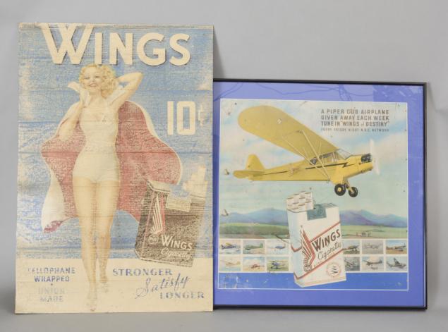 Posters- 4 (Four): Wings Cigarettes advertising posters, one framed. Two feature the company