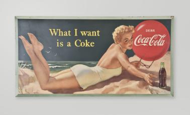 Coca-Cola Advertising- 2 (Two) large lithographed Coca-Cola advertisements on cardboard, featuring young women, one model reclining on the beach, captioned "What I want is a Coke" and another on a bicycle, claiming "Refreshment you go for"