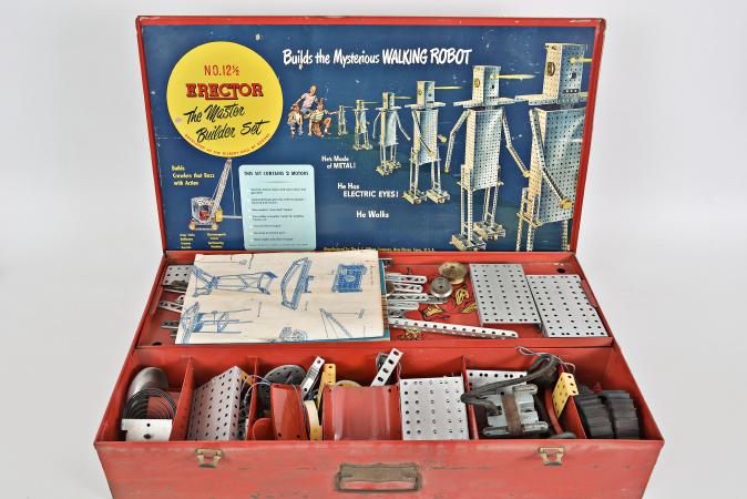 A.C. Gilbert Co., New Haven, Conn., "Model No. 12 1/2" erector set, builds walking robot, etc., including clock works, electric motor and instructions, all contained in red painted box and an illuminated Autonomic Nervous System teaching aid with buttons that when depressed darken the organ related to the nerve channel