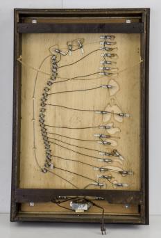A.C. Gilbert Co., New Haven, Conn., "Model No. 12 1/2" erector set, builds walking robot, etc., including clock works, electric motor and instructions, all contained in red painted box and an illuminated Autonomic Nervous System teaching aid with buttons that when depressed darken the organ related to the nerve channel