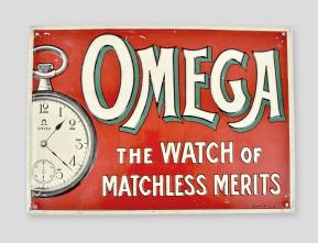 Embossed sheet metal trade sign for Omega watches, a narrow white border enclosing a red field with pocket watch at left, "Omega" in large black, white and green letters to the upper right, and "The Watch Of Matchless Merits" at lower right, and signed in lower right corner "Metalgraf Milan"