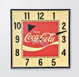 Advertising Signs- (2) Two Plastic Electric Backlit: (1) Coca-Cola with clock and aluminum frame; (2) American Racing Equipment "PRODUCTS SOLD HERE" store display