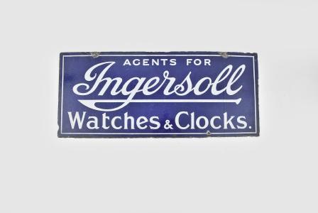 Trade signs- 2 (Two), the first a lithographed sheet metal sign advertising South Bend pocket watches, the predominant colors blue and yellow, with image of a South Bend watch in a block of ice, and announcing "South Bend Watches Sold By W. F. Sellers & Co., Altoona, Pa., the other a blue and white, two sided enamel sign, "Agents For Ingersoll Watches And Clocks", enamel sign dimensions listed