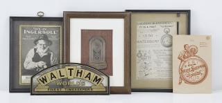 Lot of pocket watch advertising, from Ingersoll, Waterbury, and Westclox, including seven framed ads, a reprint of an Ingersoll catalog, and a large Westclox "Pocket Ben" counter display, together with a reverse painted Waltham sign, a framed printing block with 400 day clock, and a Soviet Era split seconds timer