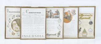 Lot of pocket watch advertising, from Ingersoll, Waterbury, and Westclox, including seven framed ads, a reprint of an Ingersoll catalog, and a large Westclox "Pocket Ben" counter display, together with a reverse painted Waltham sign, a framed printing block with 400 day clock, and a Soviet Era split seconds timer