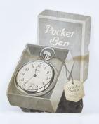 Lot of pocket watch advertising, from Ingersoll, Waterbury, and Westclox, including seven framed ads, a reprint of an Ingersoll catalog, and a large Westclox "Pocket Ben" counter display, together with a reverse painted Waltham sign, a framed printing block with 400 day clock, and a Soviet Era split seconds timer