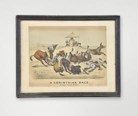Currier & Ives, 115 Nassau St., New York, a pair of "Darktown" series prints, the first entitled "A Corinthian Race A High Toned Start", the other "A Corinthian Race A Low Toned Finish", each depicting stereotyped black figures astride rather sorry equine mounts, with disastrous results, each in an ebonized softwood frame