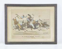 Currier & Ives, 115 Nassau St., New York, a pair of "Darktown" series prints, the first entitled "A Corinthian Race A High Toned Start", the other "A Corinthian Race A Low Toned Finish", each depicting stereotyped black figures astride rather sorry equine mounts, with disastrous results, each in an ebonized softwood frame