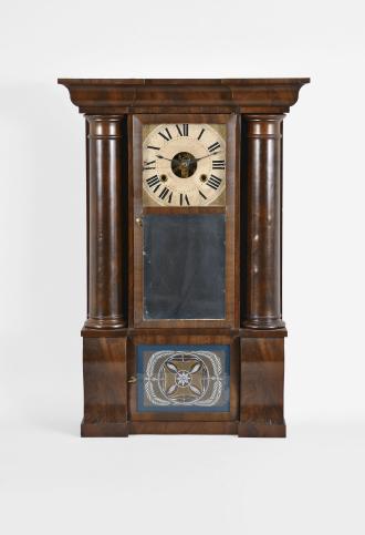 Unknown, Connecticut, 30 hour, time and strike weight driven brass movement hollow column shelf clock.
