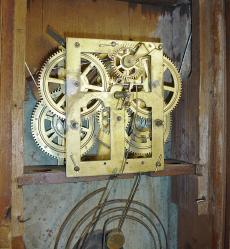 Unknown, Connecticut, 30 hour, time and strike weight driven brass movement hollow column shelf clock.