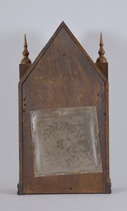 Forestville Manufacturing Co., J.C. Brown, Bristol, Conn., 30 hour, time and strike spring driven brass movement ripple front mini sharp gothic or steeple clock.
