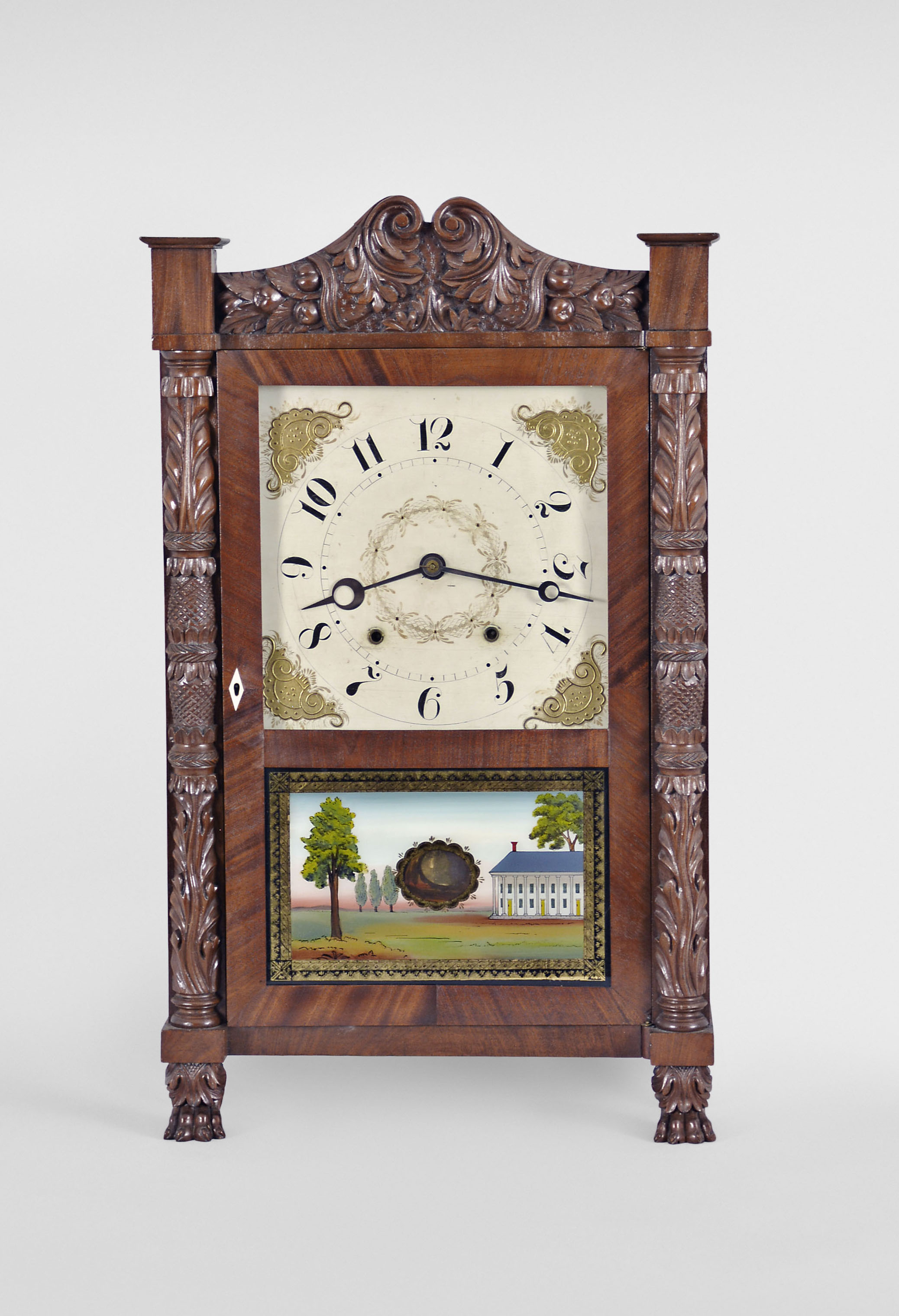 & Bradley 30 hour wood movement carved column & splat shelf clock.