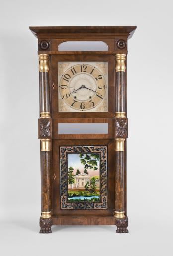 Jeromes & Darrow, Bristol, Conn., 8 day, time and strike weight wood movement column & cornice shelf clock.