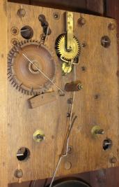 Jeromes & Darrow, Bristol, Conn., 8 day, time and strike weight wood movement column & cornice shelf clock.