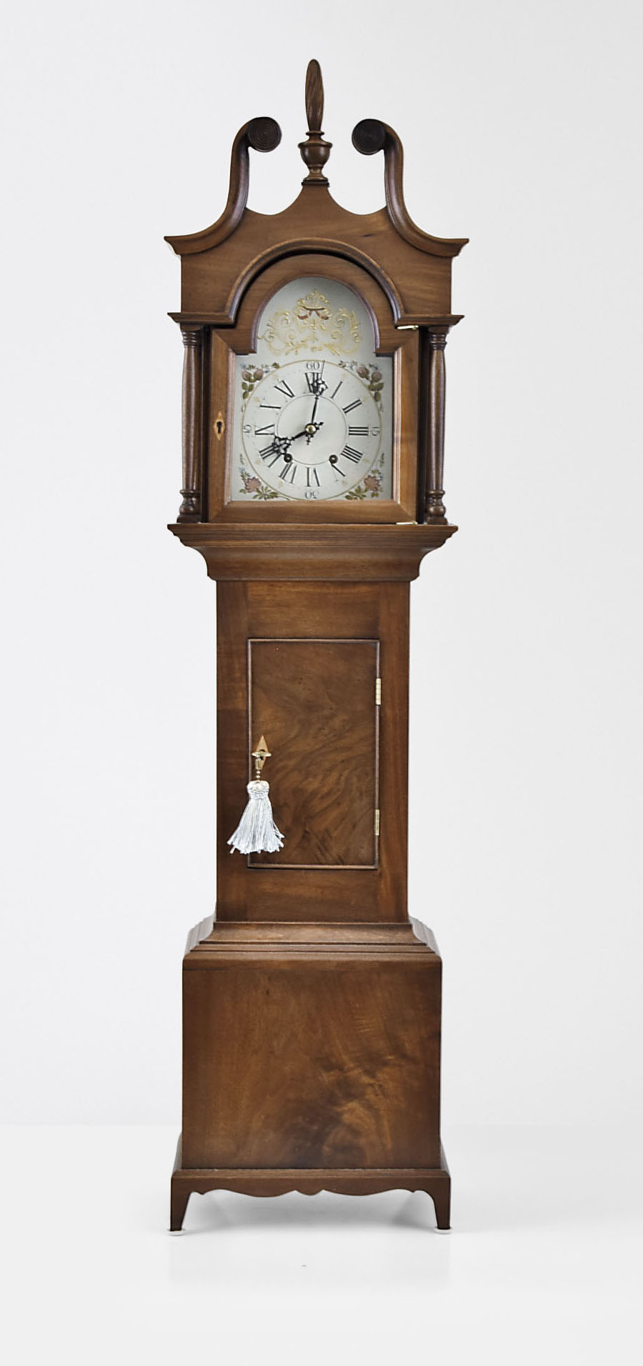 Reproduction miniature tall clock with figured walnut case