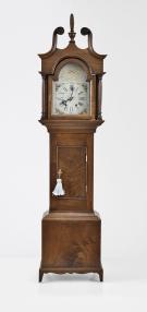 Reproduction miniature tall clock, 8 day, time and strike, weight driven movement in a figured walnut veneer case, roman numeral painted white metal dial and black steel hands