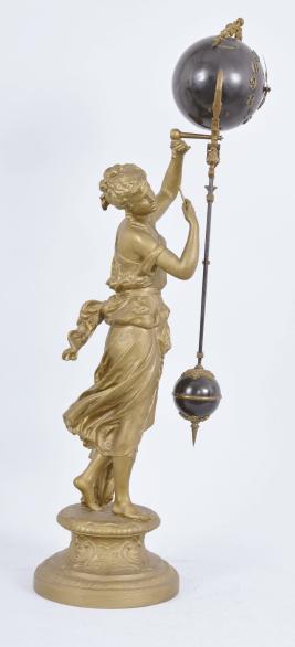 Ansonia Clock Co., New York, NY, "Juno" figural swinging clock, 8 day, time only, spring driven movement mounted inside a blue painted sphere with applied cast ribbon ornament, applied arabic numerals and Louis XV style hands, all supported by patinated spelter figure of a Roman goddess standing atop a pedestal.
