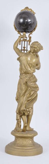 Ansonia Clock Co., New York, NY, "Juno" figural swinging clock, 8 day, time only, spring driven movement mounted inside a blue painted sphere with applied cast ribbon ornament, applied arabic numerals and Louis XV style hands, all supported by patinated spelter figure of a Roman goddess standing atop a pedestal.