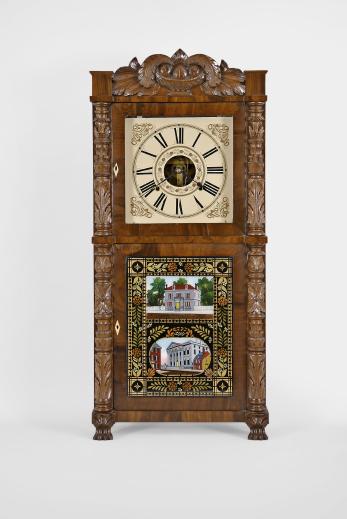 John Birge, Bristol, Conn., 8 day, time and strike weight driven brass movement fully carved column, splat and paw feet double decker shelf clock with Ives