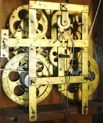 John Birge, Bristol, Conn., 8 day, time and strike weight driven brass movement fully carved column, splat and paw feet double decker shelf clock with Ives