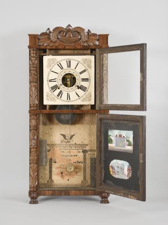 John Birge, Bristol, Conn., 8 day, time and strike weight driven brass movement fully carved column, splat and paw feet double decker shelf clock with Ives