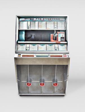 J.P. Seeburg & Company, Chicago, Illinois, model "201 SH" jukebox, playing from a selection of 200 (Two-Hundred) 45rpm records in a chrome and glass case with 1950