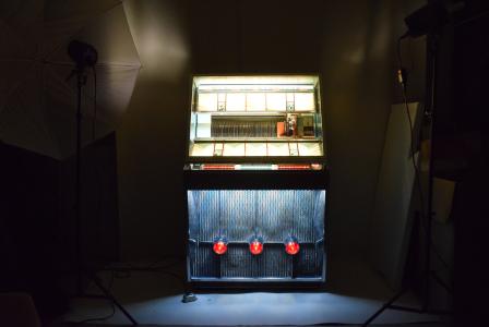 J.P. Seeburg & Company, Chicago, Illinois, model "201 SH" jukebox, playing from a selection of 200 (Two-Hundred) 45rpm records in a chrome and glass case with 1950